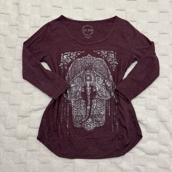 Lucky Brand Tops - Lucky Brand Burgundy Graphic Boho Hasma Elephant Tee 3/4 Sleeve - Women’s Small